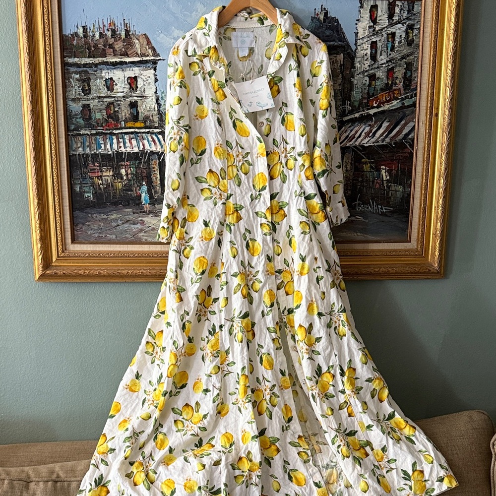 Cynthia Rowley White Maxi Dress with Yellow Lemon Print linen - Picture 2 of 10